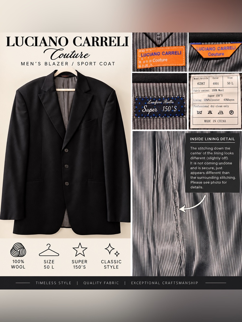 Luciano Carreli Couture Men’s Wool Blazer – Size 50L